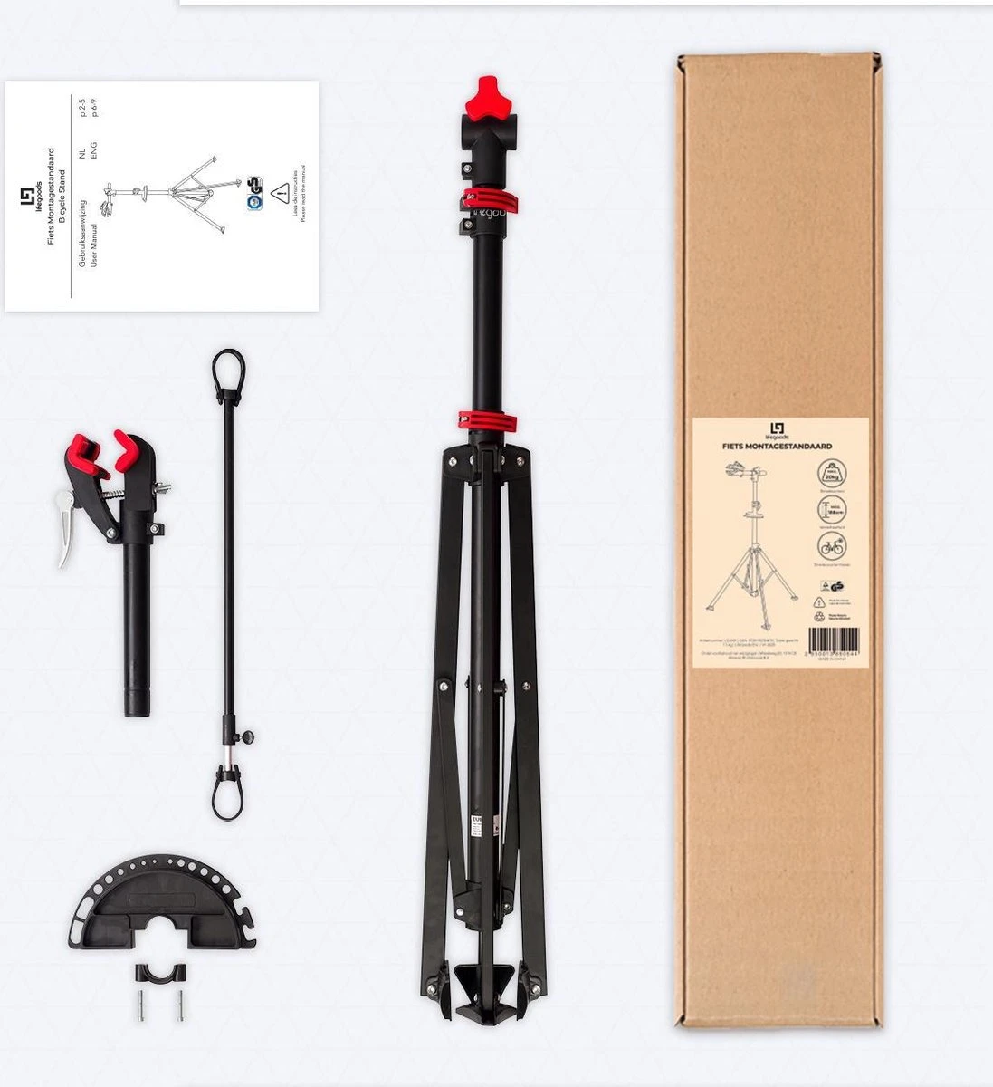 LifeGoods Fiets Montagestandaard - Fietsreparatie Racefiets / MTB - Incl. Stuurhouder - Zwart/Rood 10 LifeGoods Fiets Montagestandaard - Fietsreparatie Racefiets / MTB - Incl. Stuurhouder - Zwart/Rood - Afbeelding 10