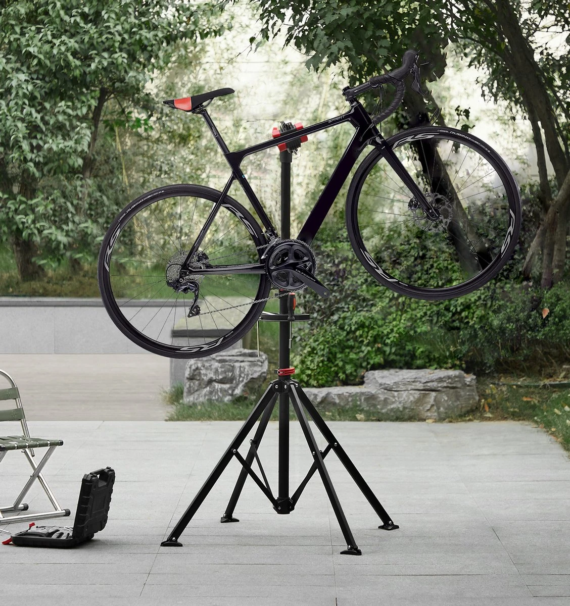 ACAZA Fiets Bevestigingsstandaard Met Snelsluiting, Gereedschapshouder En Stuurhouder, Lichte En Draagbare Reparatie Standaard Voor Fietsen, Zwart Statief 4 ACAZA Fiets Bevestigingsstandaard Met Snelsluiting, Gereedschapshouder En Stuurhouder, Lichte En Draagbare Reparatie Standaard Voor Fietsen, Zwart Statief - Afbeelding 4