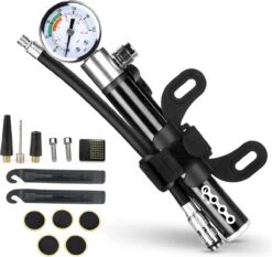 LHP Fietspomp Mini - Analoog Drukmeter - Inclusief Naaldventiel En Fietsbandreparatieset