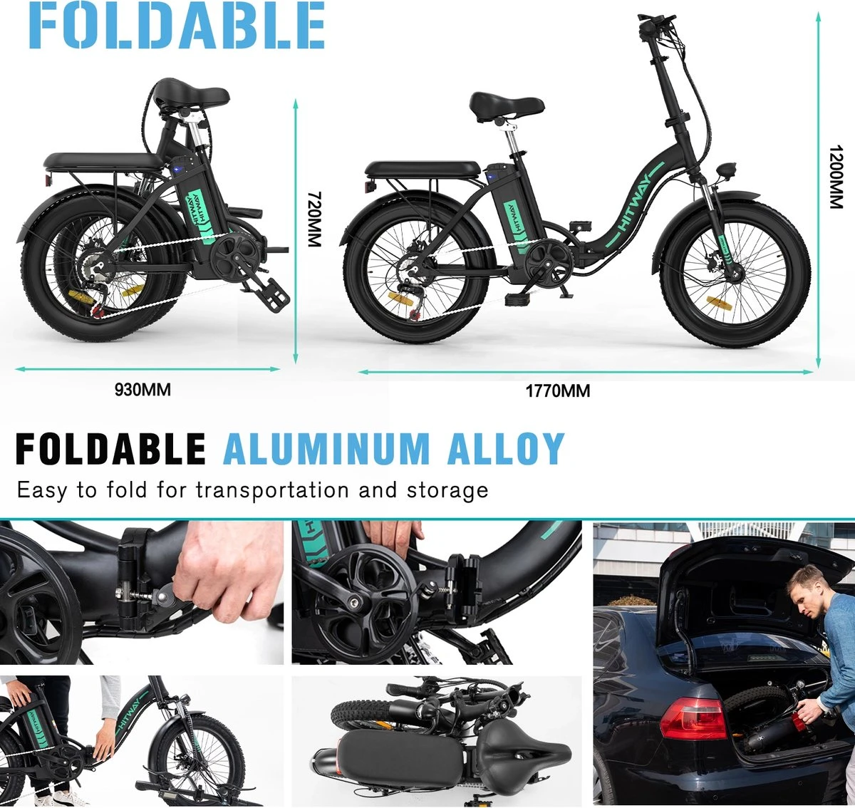 HITWAY E Bike Fat Tire Urban Opvouwbare Elektrische Fiets, 20 Inch, 250W/36V/11,2Ah Batterij Voor Heren En Dames 4 HITWAY E Bike Fat Tire Urban Opvouwbare Elektrische Fiets, 20 Inch, 250W/36V/11,2Ah Batterij Voor Heren En Dames - Afbeelding 4