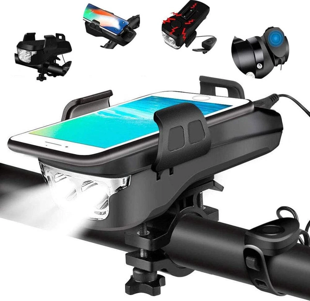 4-in-1 Fietslamp Voorlicht Mét Telefoonhouder - USB Oplaadbaar - Met Powerbank én Toeter - Racefiets Verlichting - Fietslicht Voorlicht Usb Oplaadbaar - Fietsverlichting Set - Licht Voor Fiets - Bike Light 1 4-in-1 Fietslamp Voorlicht Mét Telefoonhouder - USB Oplaadbaar - Met Powerbank én Toeter - Racefiets Verlichting - Fietslicht Voorlicht Usb Oplaadbaar - Fietsverlichting Set - Licht Voor Fiets - Bike Light