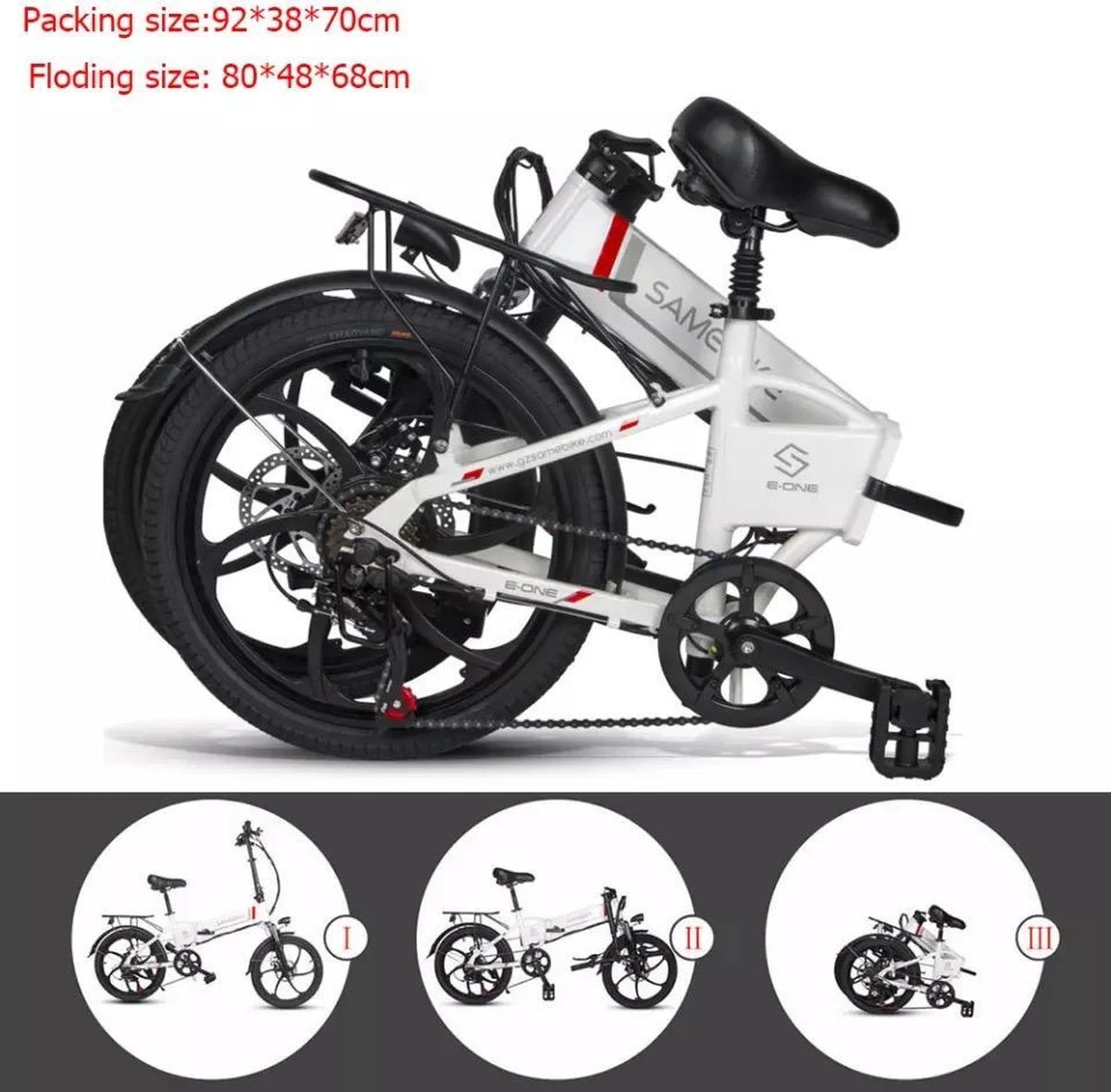 Samebike Elektrische Vouwfiet - Shimano 7 Speed Derailleur - 48V/ 10Ah Lithium Batterij - Aluminium -sportief/modern - 35km/u - Wit 10 Samebike Elektrische Vouwfiet - Shimano 7 Speed Derailleur - 48V/ 10Ah Lithium Batterij - Aluminium -sportief/modern - 35km/u - Wit - Afbeelding 10