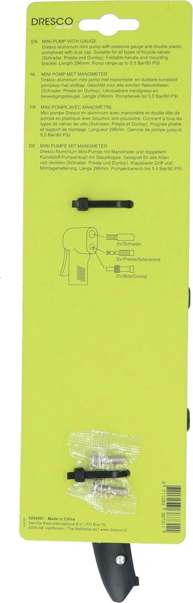 Dresco Mini Pomp Met Manometer 29,6cm - Fietspomp 2 Dresco Mini Pomp Met Manometer 29,6cm - Fietspomp - Afbeelding 2